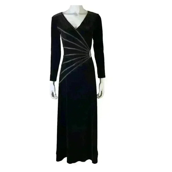 Tadashi Vintage Dark Brown Velour Evening Gown S Long Sleeve Rhinestone Dress - Picture 11 of 11